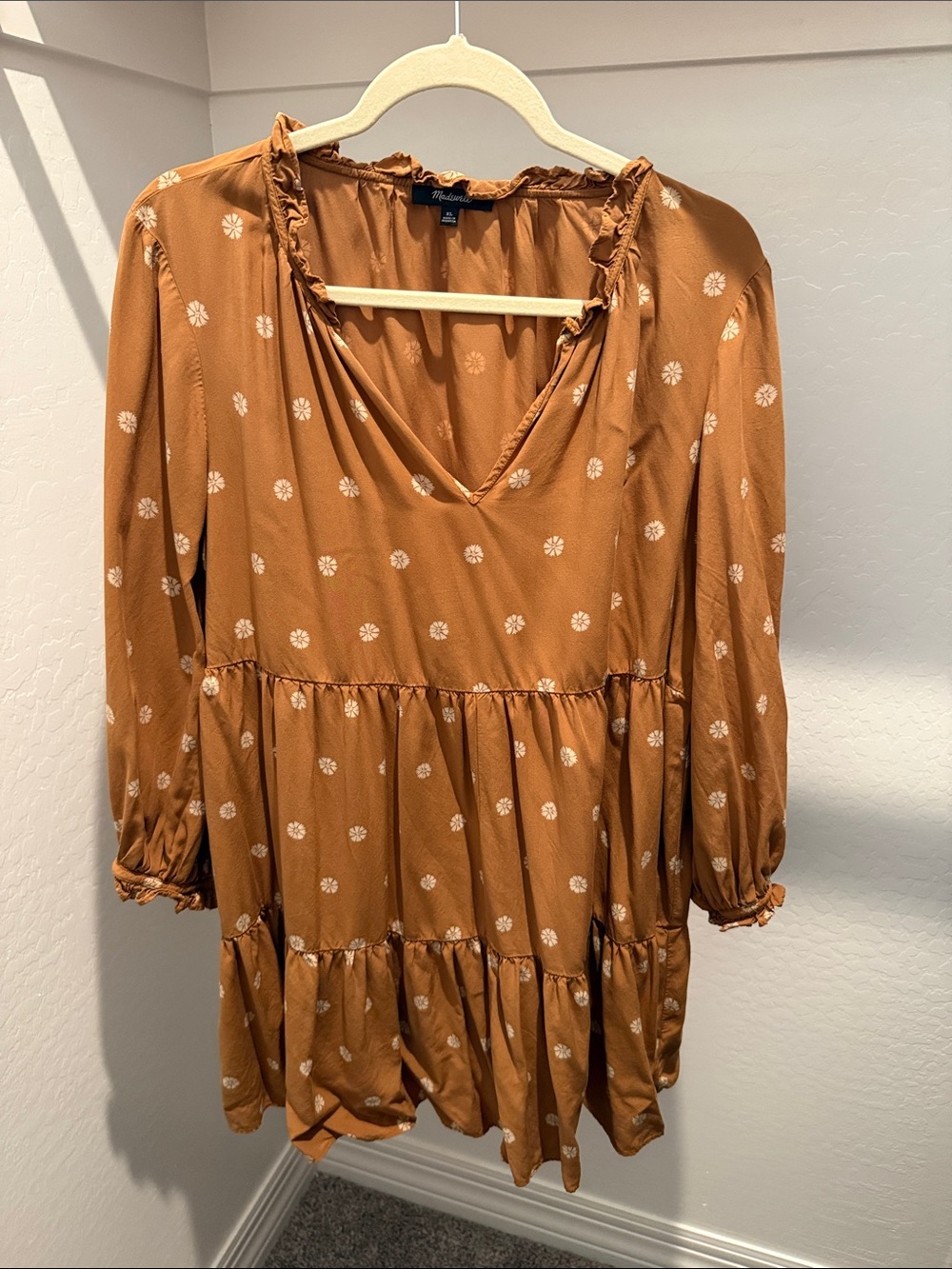 Madewell Rust Brown Floral Tiered V-Neck Long Sleeve Dress